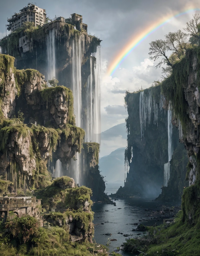 overgrown postapocalyptic ruins, birds in the sky, a rainbow, waterfall : : close shot : : 3 5 mm, realism, octane render, 8 k, exploration, cinematic, trending on artstation, realistic, 3 5 mm camera, unreal engine, hyper detailed, photo - realistic maximum detail, volumetric light, moody cinematic epic concept art, realistic matte painting, hyper photorealistic, concept art, volumetric light, cinematic epic, octane render, 8 k, corona render, movie concept art, octane render, 8 k, corona render, cinematic, trending on artstation, movie concept art, cinematic composition, ultra - detailed, realistic, hyper - realistic, volumetric lighting, 8 k