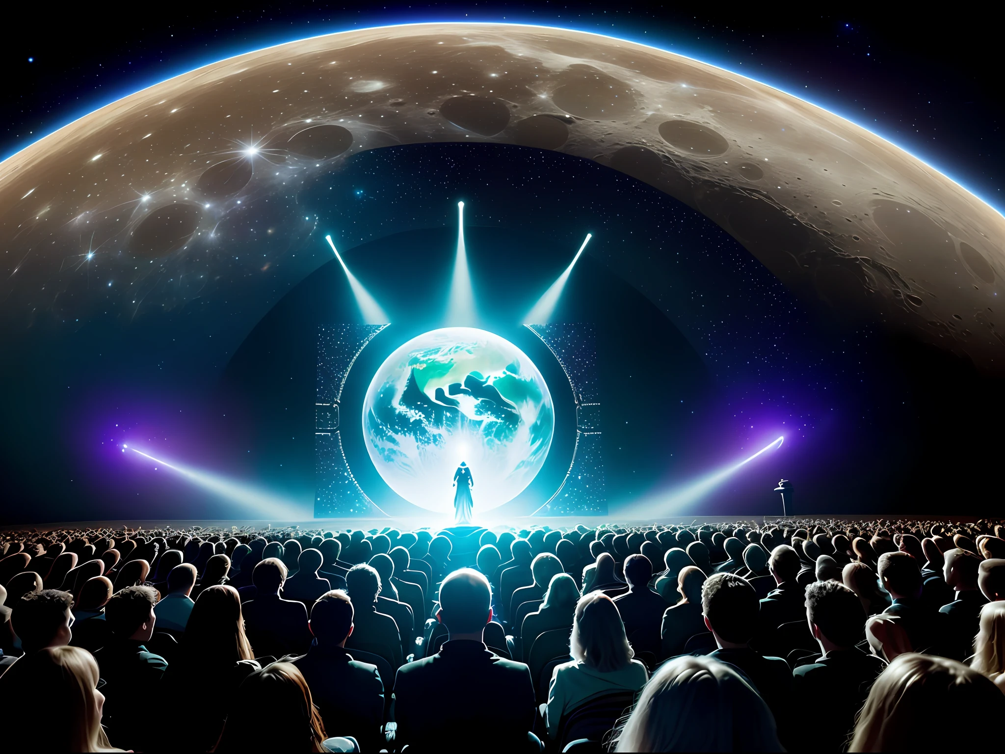 A crowd of people watching a stage with a large planet in the