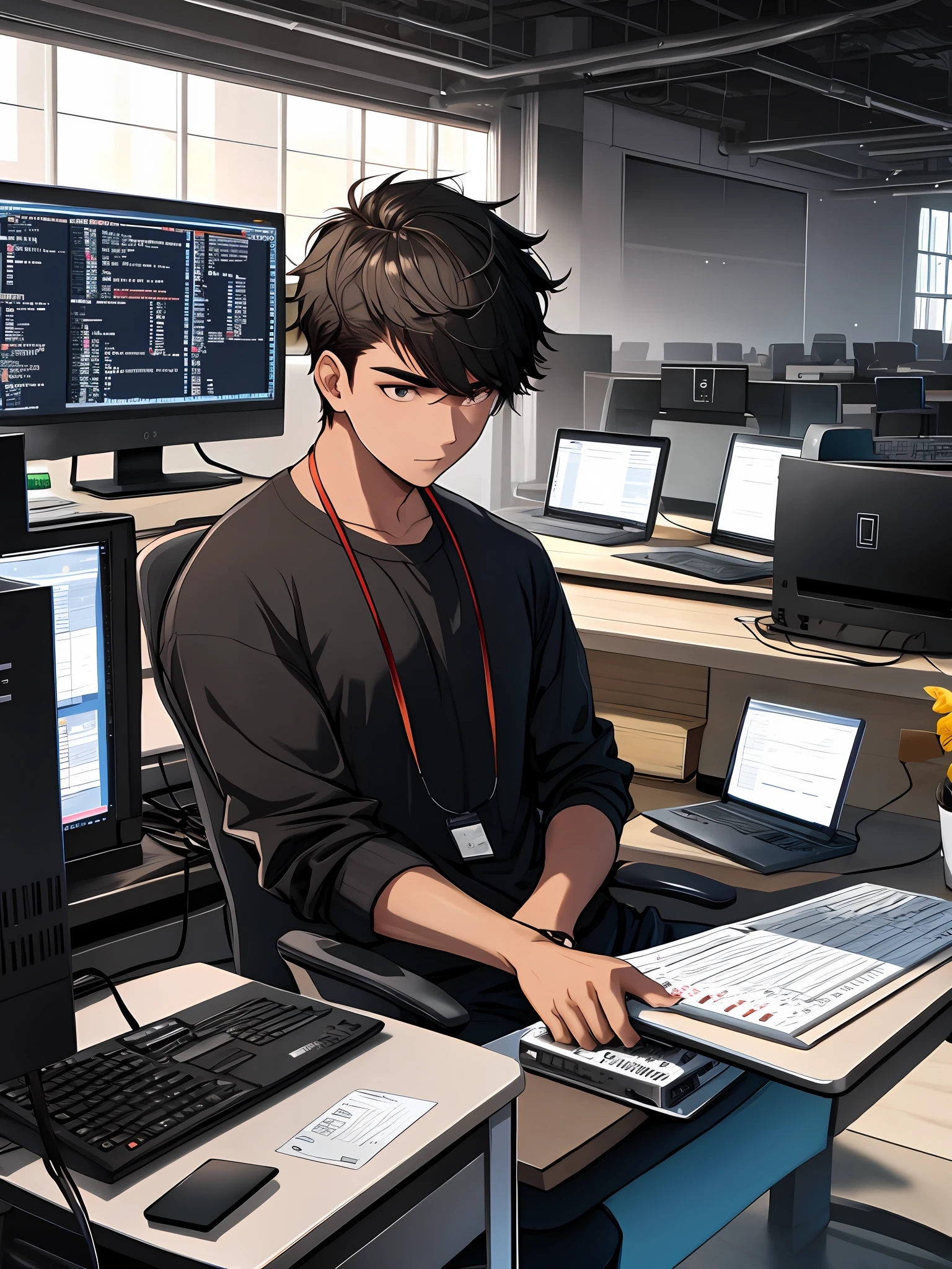 Um garoto de 25 anos, mesa, computador, código
