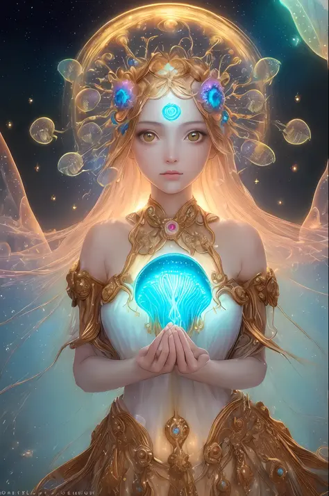 ((best quality)), ((masterpiece)), ((realistic)), portrait, 1girl, celestial, deity, goddess, light particles, halo, looking at ...