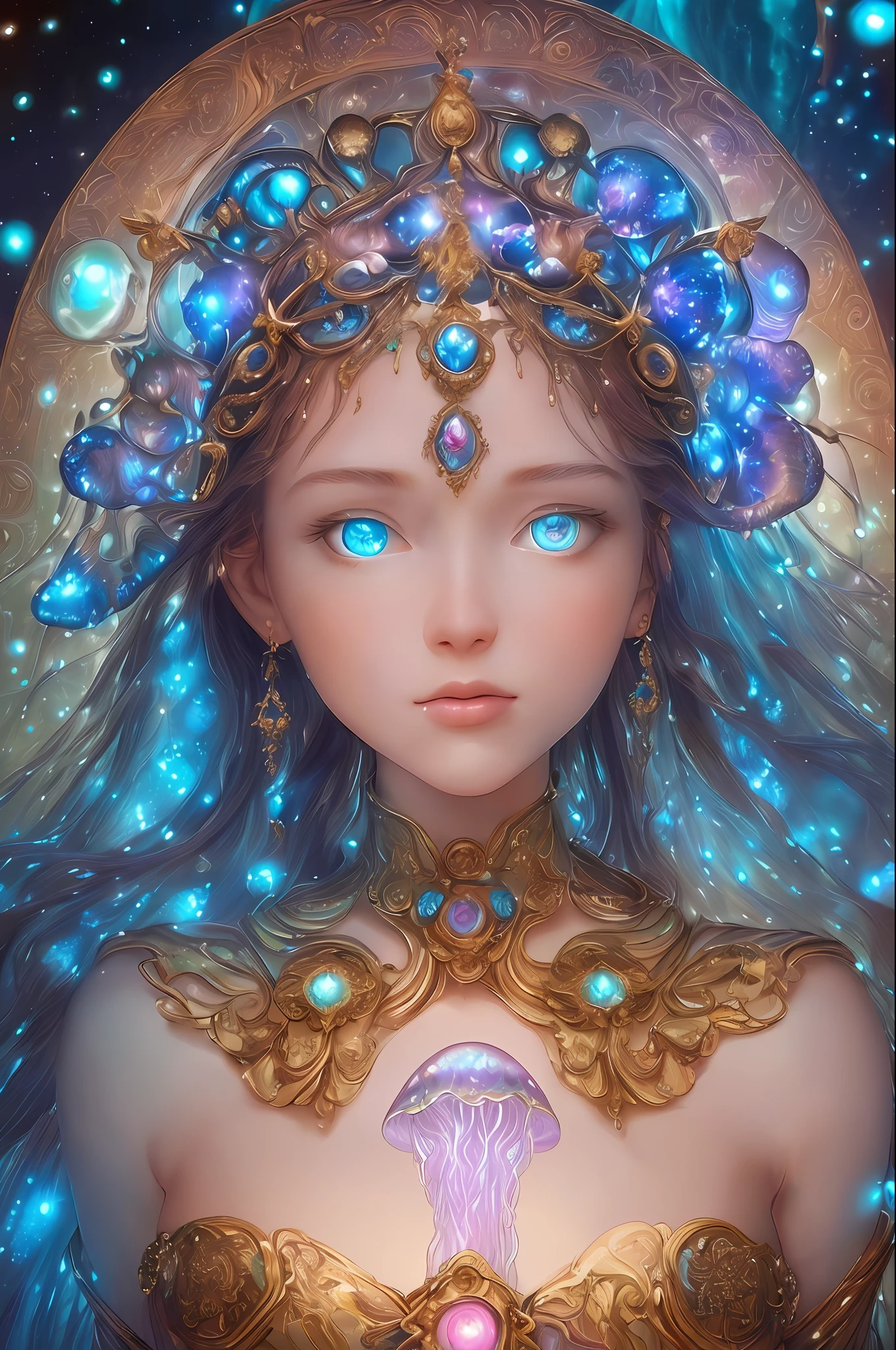 ((best quality)), ((masterpiece)), ((realistic)), portrait, 1girl, celestial, deity, goddess, light particles, halo, looking at viewer, (bioluminescent:0.95) ocean, bioluminescent, jellyfish, Vibrant, Colorful, Color, (Glow, Glow), (Beautiful Composition), Cinematic Lights, Intricate, (Symmetry: 0.5), Whimsical,