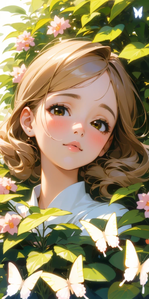 (mejor calidad, Obra maestra, Ultrarrealista), retrato de 1 niña hermosa y delicada, con una expresión suave y pacífica, el paisaje de fondo es un jardín con arbustos en flor y mariposas volando alrededor.