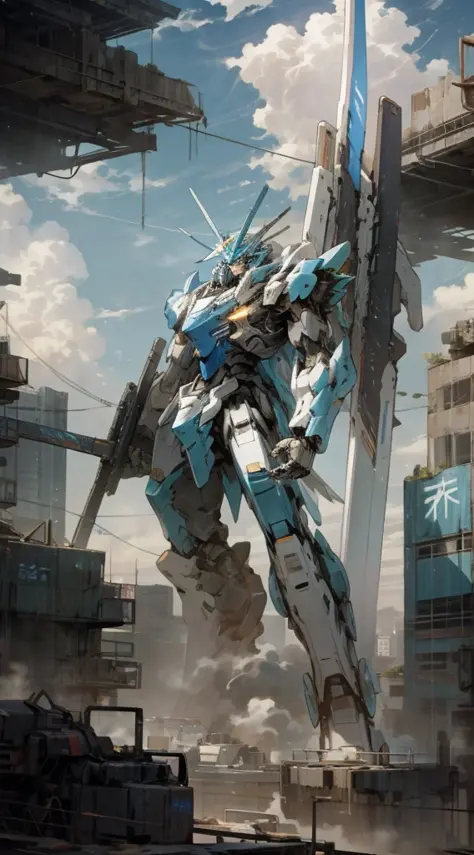 sky, clouds, holding_weapon, glowing, a man standing on top of a building, his back to the viewer, looking into the distance, giant robot, building, ruins, glowing_eyes, mecha, science fiction, city, reality, mecha