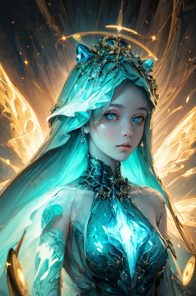 ((best quality)), ((masterpiece)), ((realistic)), portrait,
1girl, celestial, deity, goddess, light particles, halo, looking at viewer,
(bioluminescent:0.95) ocean, bioluminescent, vibrant, colourful, color, (glowing, glow),
(beautiful composition), cinematic lighting, intricate, (symmetrical:0.5), whimsical,