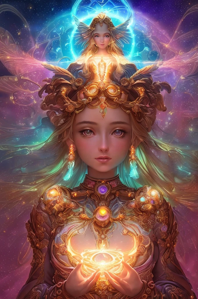 ((best quality)), ((masterpiece)), ((realistic)), portrait, 1girl, celestial, deity, goddess, light particles, halo, looking at viewer, (bioluminescent:0.95) flame, bioluminescence, phoenix, Vibrant, Colorful, Color, (Glow, Glow), (Beautiful Composition), Cinematic Lights, Intricate, (Symmetry: 0.5), Whimsical, Alien Planet