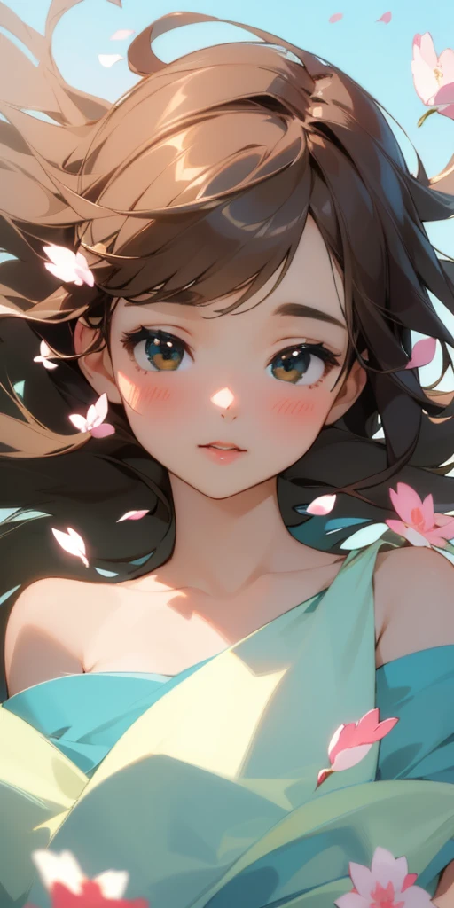 (beste Qualität, Meisterwerk, ultra-realistisch), 1 schönes und zartes Porträt eines Mädchens, verspielt und süß, mit schwebenden Blütenblättern im Hintergrund