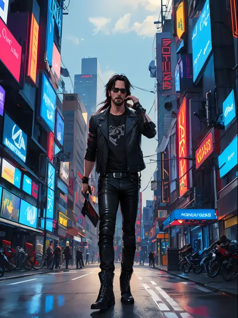 ((lineart)), (Keanu Reeves as Johnny Silverhand, ((long hair)), red aviator sunglasses, punk rock metal influence, black leather...