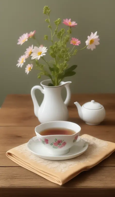 (masterpiece,best quality,highres,ultra_detailed:1.2), simple background, still life, rule of thirds, tea,flowers,breakfast,panc...