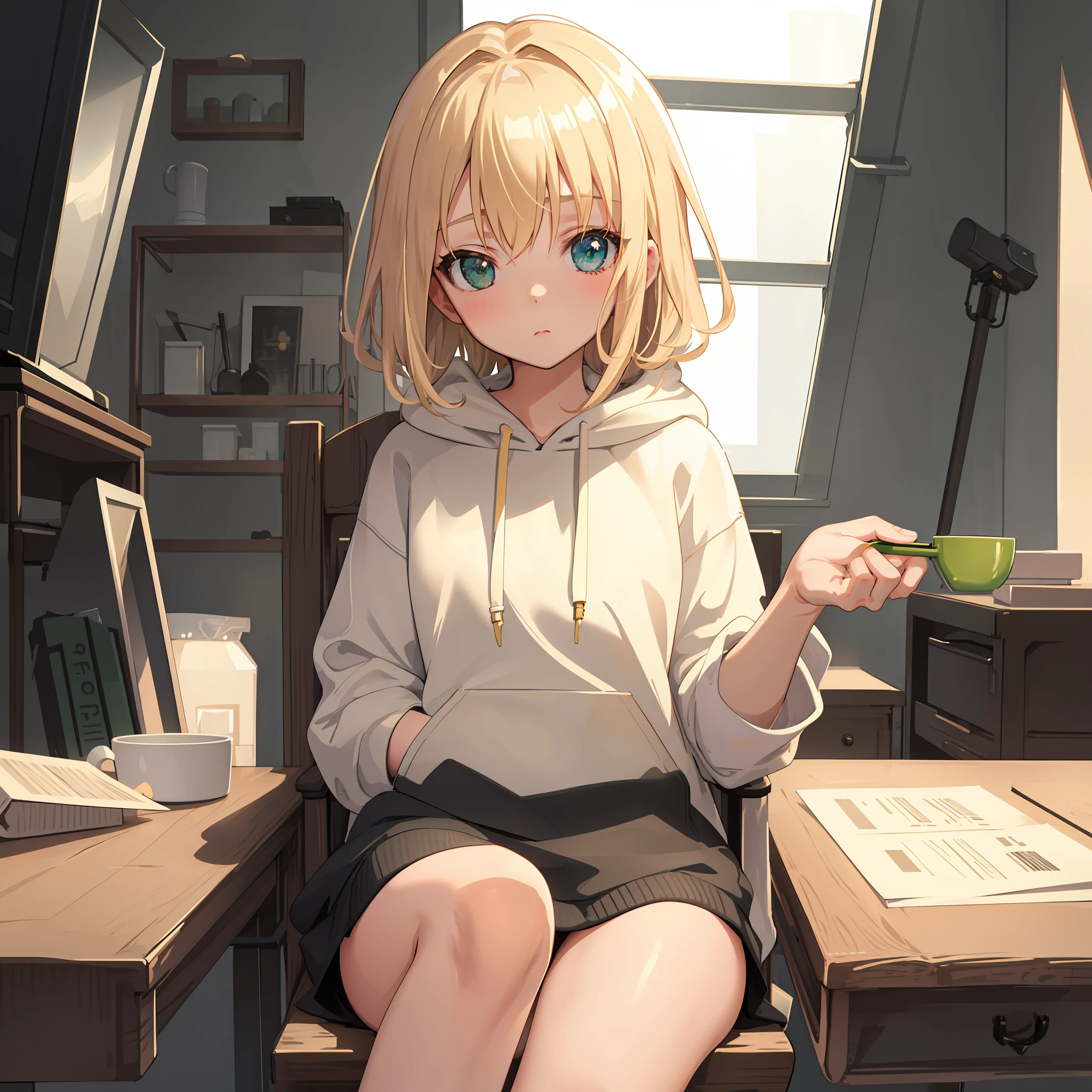 Masterpiece, best quality, strong outlines, closeup to a girl sitting in a chair desk, portrait, 1girl, , (solo), solo focus, face focus, blonde hair, beige color hair, beautiful detailed eyes, green eyes, (oversized hoodie, white hoodie), bedroom, backlight, close view, low perspective, (8k)