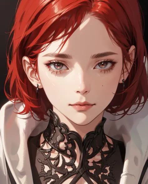 (absurd, highres, ultra detailed), 1girl, mature woman, intricate details, enlarged textures, intricate details, finely detailed eyes and detailed face, intricate details, red hair, (closed mouth),