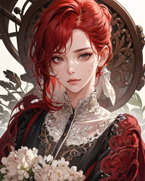 (absurd, highres, ultra detailed), 1girl, mature woman, intricate details, enlarged textures, intricate details, finely detailed eyes and detailed face, intricate details, red hair, (closed mouth), perfect eyes, matching eyes, short clothes, sweaty skin
