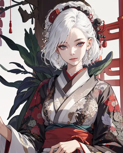 (absurd, highres, ultra detailed), 1girl, mature woman, intricate details, enlarged textures, intricate details, finely detailed eyes and detailed face, intricate details, white hair, (closed mouth), (perfect eyes, matching eyes), ( (Japanese clothes))