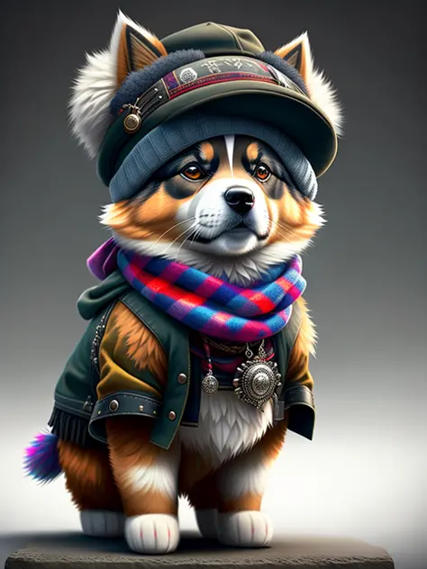 image of cute himalayan shepherd dog with hat and scarf, art season trend, dressed in punk clothes, hyper realistic detailed rendering, british gang member, urban style, intimidating pose, planet of cats, fashion clothes, urban samurai, meow, west slavic t...