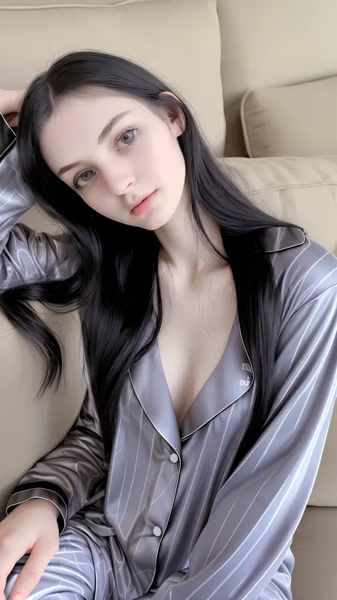 RAW photo of a 20 y.o woman, average looking person, black hair, alternative style, e-girl, grunge, ((wearing pajamas)), sleepy eyes, (pale skin), (detailed face), thin body, large breasts, ((half body)), ((lying on the couch)), resting, (high detailed ski...