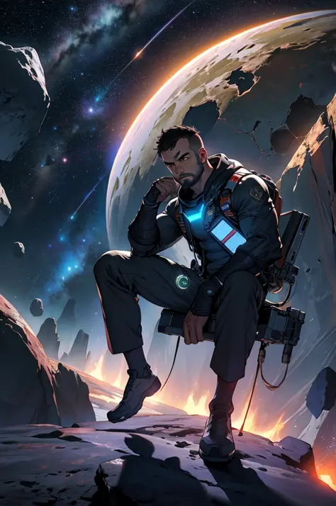 Draw Joe Rogan, sitting on a research platform floating in the middle of an asteroid belt. He is studying with a notebook, surrounded by several asteroids glowing with fiery auras. Dramatic lighting from distant stars and planets illuminates the scene, cas...