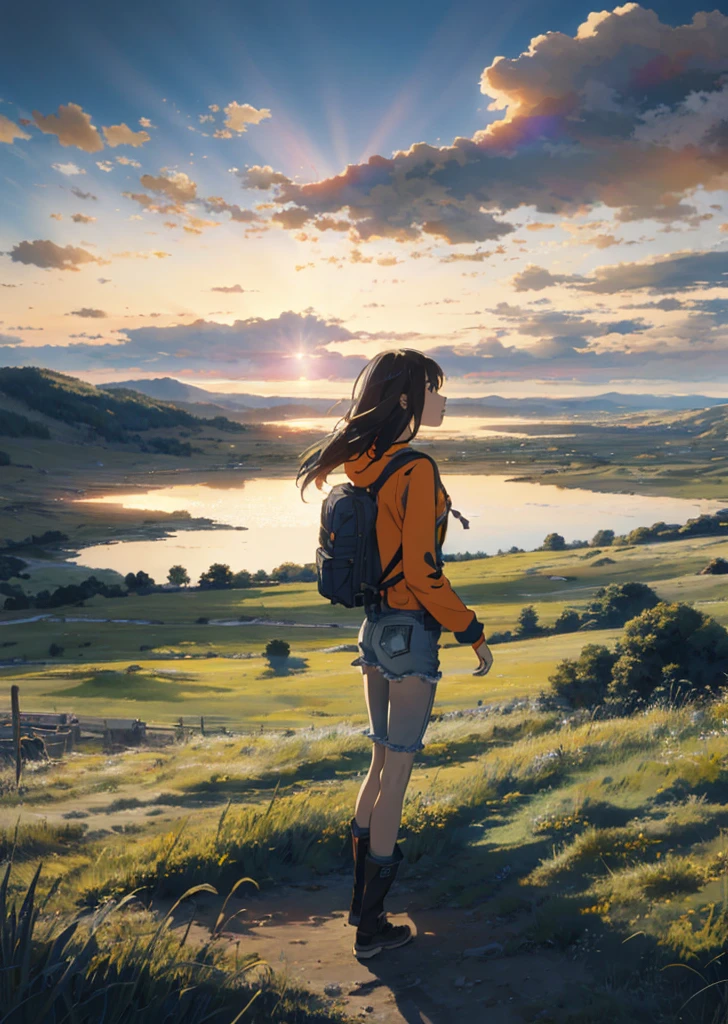 The vast sky, beautiful skyline, large grasslands, extremely tense and dramatic pictures, moving visual effects, the high-hanging Polaris, and colorful natural light. Long-sleeved top, denim shorts, and a girl with a backpack.