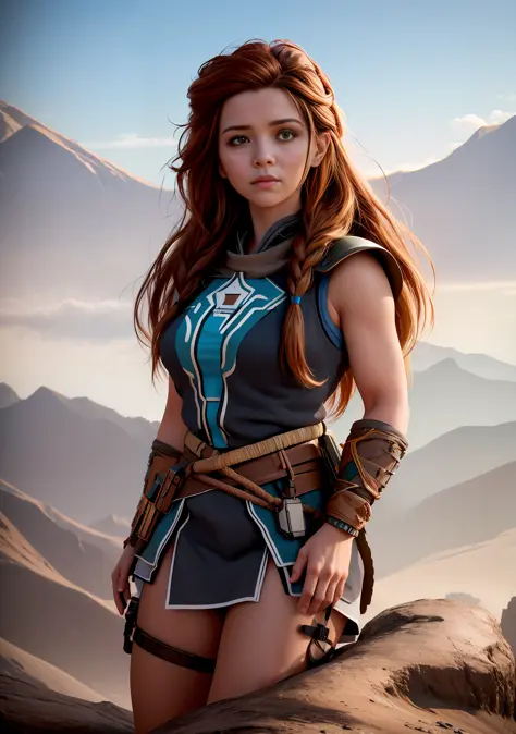 amazing beautiful background,epic movie poster ,professional photo portrait, an argentinian woman as Aloy from horizon zero down...