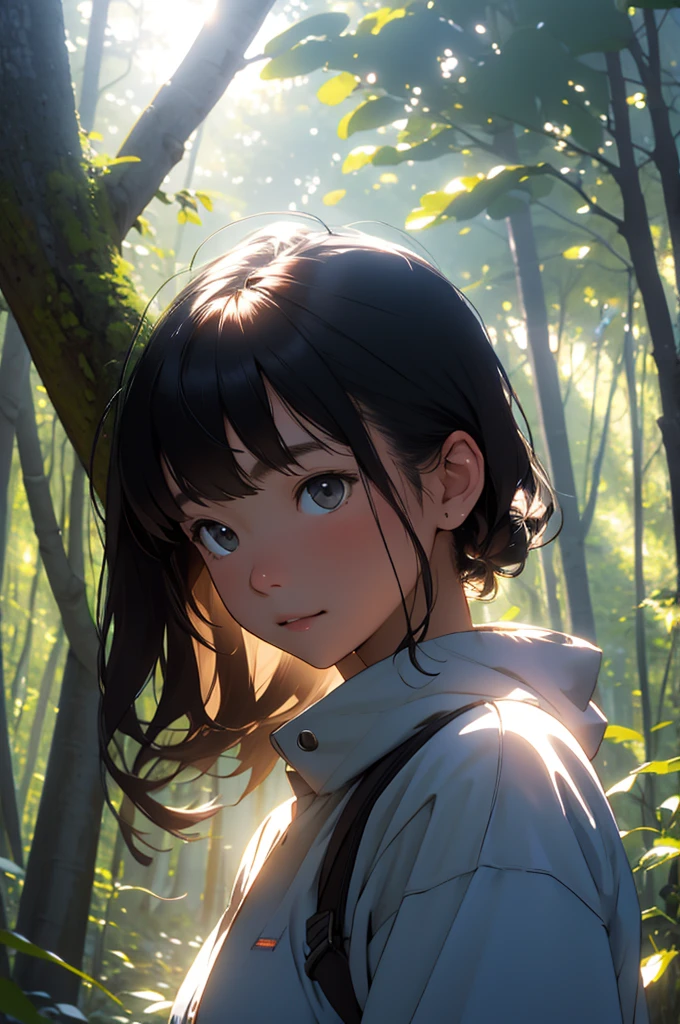 Ein Mädchen im Wald mit Sonnenlicht im Gesicht