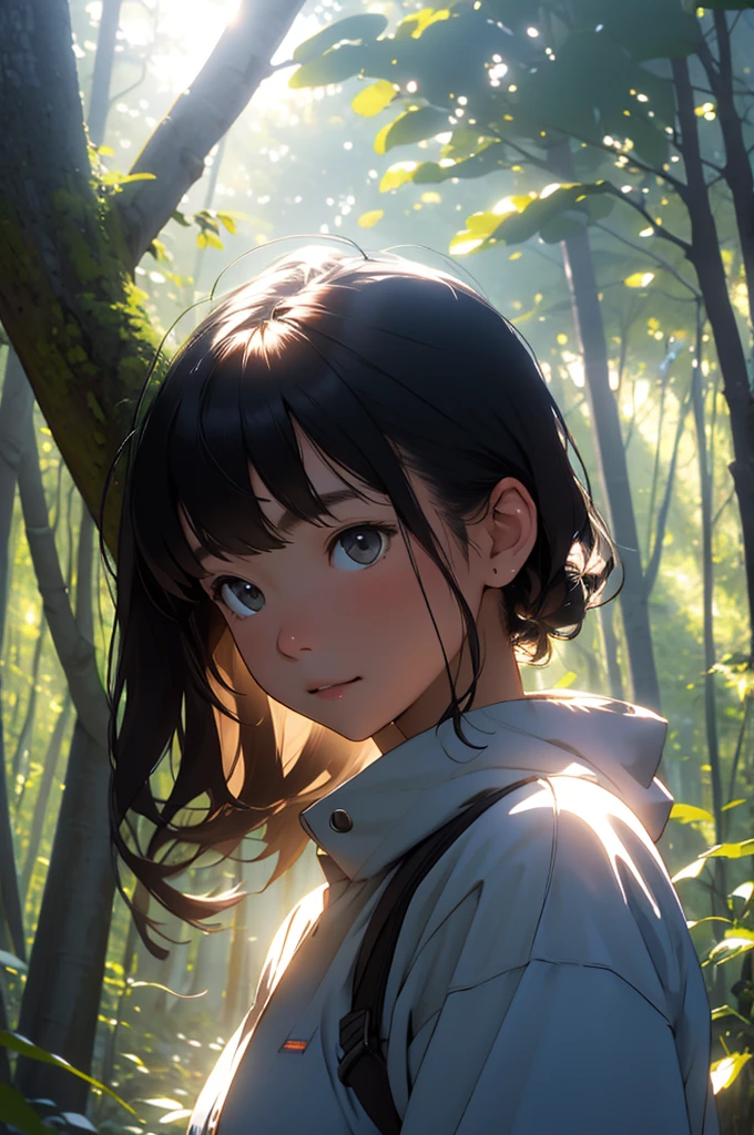 A girl in the forest with sunlight on her face