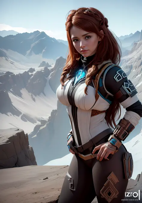 amazing beautiful background,epic movie poster ,professional photo portrait, a sexy argentinian woman as aloy from horizon zero ...