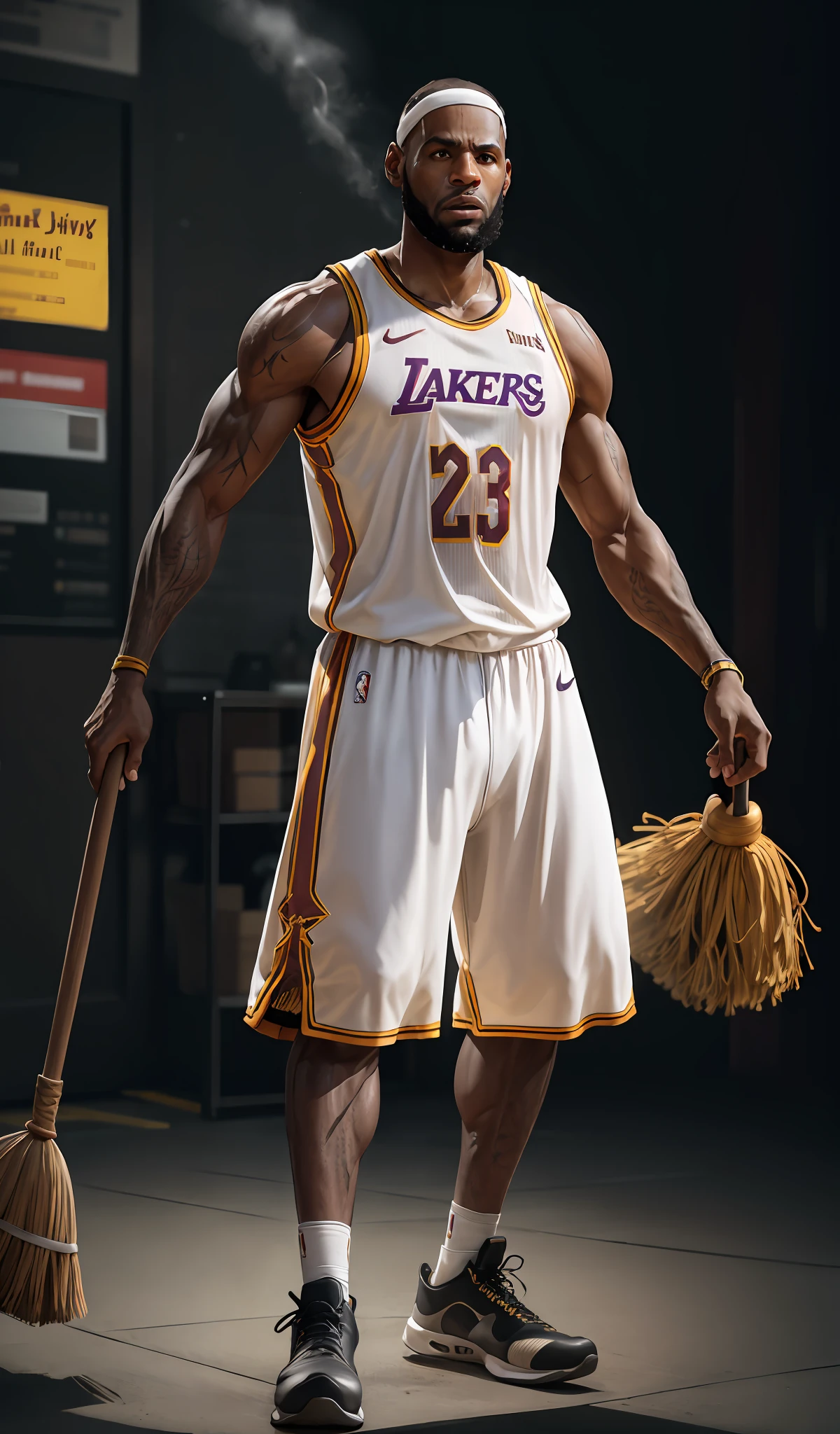 4k, realistic, carismatic, very detail, LeBron James holding a broom, full body