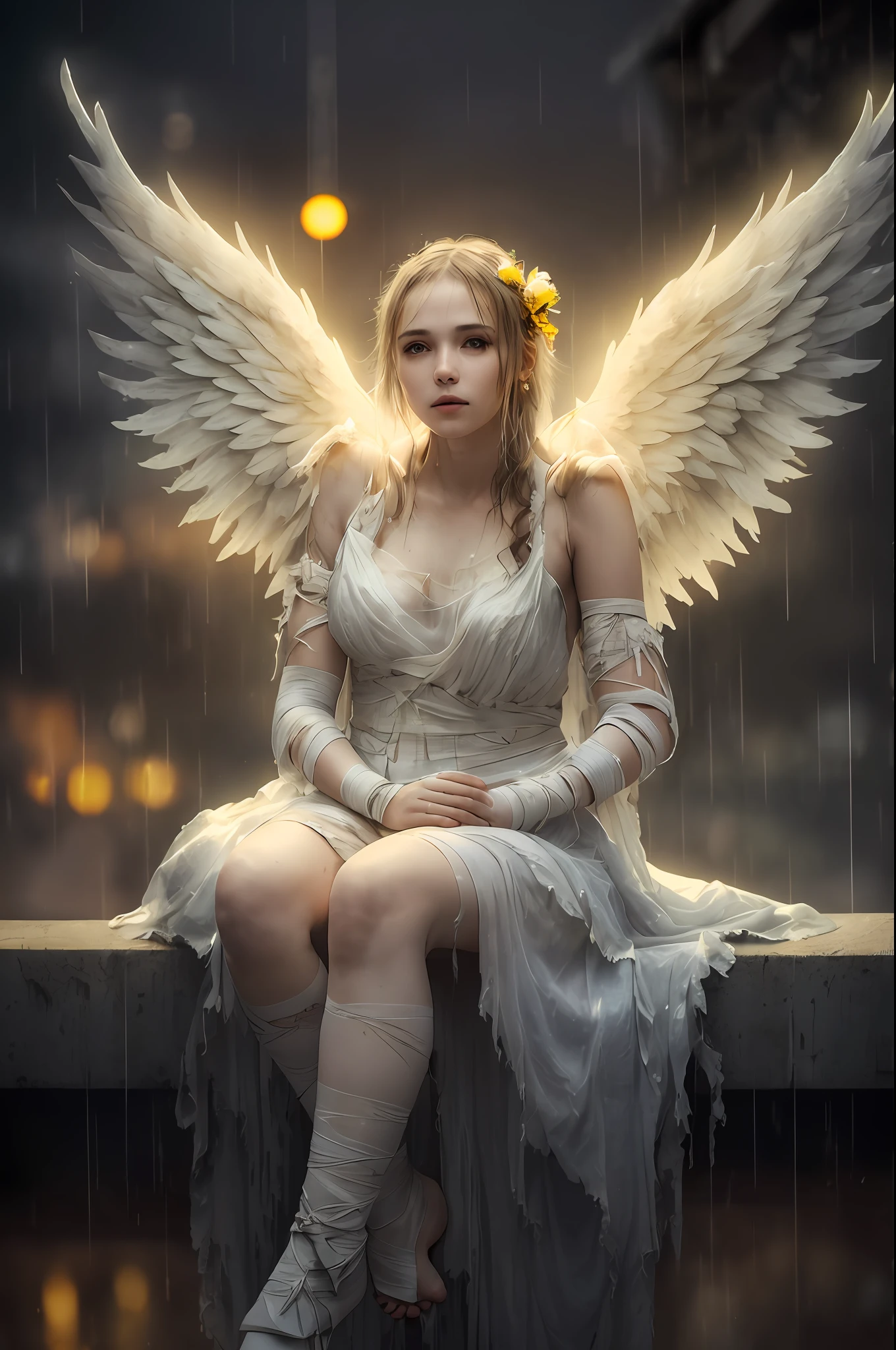 擁有天使翅膀的女人, 穿著一件骯髒破爛的白色連身裙，手臂和腿上纏著繃帶, 坐在壁架上, 坐在黃色和藍色燈光的背景下, 雨, 柔和的顏色, 散景 ((傑作, 最好的品質)), 高細節, 詳細的臉部, 血液顆粒, 全身