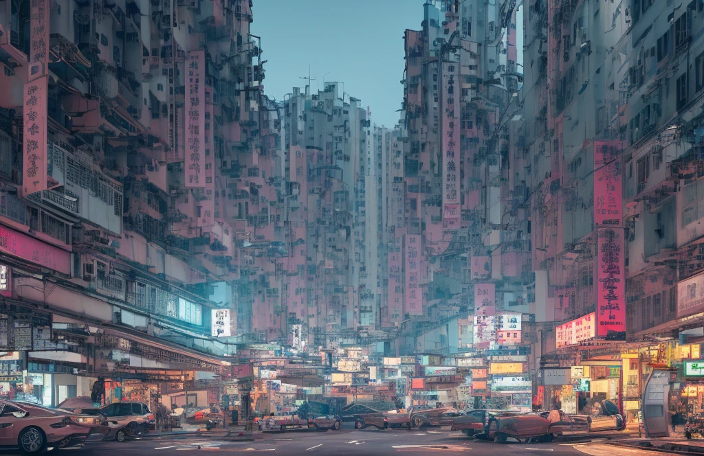 홍콩의 스트리트 뷰, SF 영화 속 사이버펑크, 텅 빈 거리, 홍콩 랜드마크, 매우 상세한, 현실적인, hyper 현실적인, 고품질, 매우 상세한, 미친 디테일, photo현실적인, 8K