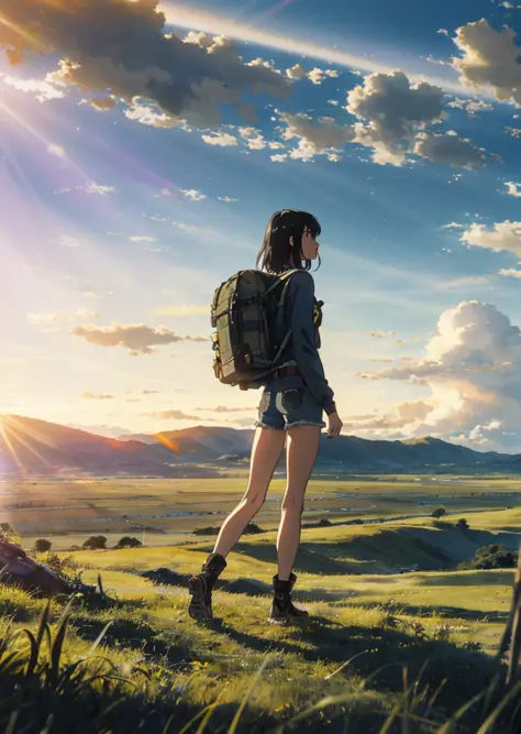 The vast sky, beautiful skyline, large grasslands, extremely tense and dramatic pictures, moving visual effects, the high-hanging Polaris, and colorful natural light. Long-sleeved top, denim shorts, and a girl with a backpack.