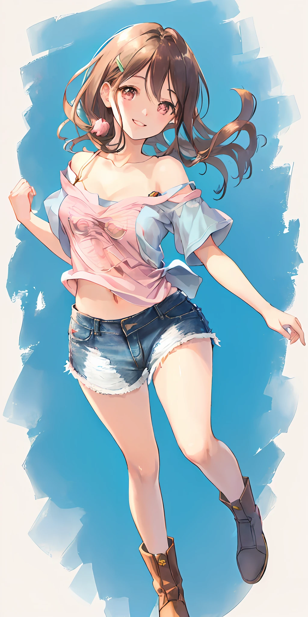 Realistic, textured skin, {best quality}, {highres}, beautiful and charming anime girl, full body photo, 28 years old, delicate and charming round face, smiling, slender and charming figure, delicate and charming collarbone, air bangs , dark hair, bright peach eyes, pink lips, double eyelids, deep cleavage, (blue appliquéd cotton jersey T-shirt, crafted from cotton jersey, classic crew neck and dropped shoulders, denim shorts), casual pose, bright background