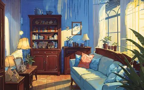 living room, sofa, window, curtains, dappled sunlight, potted plant, table, cabinet, bookshelf, paper, lamp, typewriter, garden