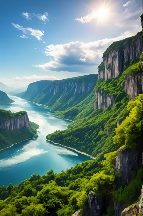 Masterpiece, ultimate quality, Cg unity 8k wallpaper, super delicate, beautiful sky and clouds, rich natural scenery, cliffs, lakes and rivers, waterfalls and flying water, beautiful green mountains, no trace of people, excellent scenery, has already won a...