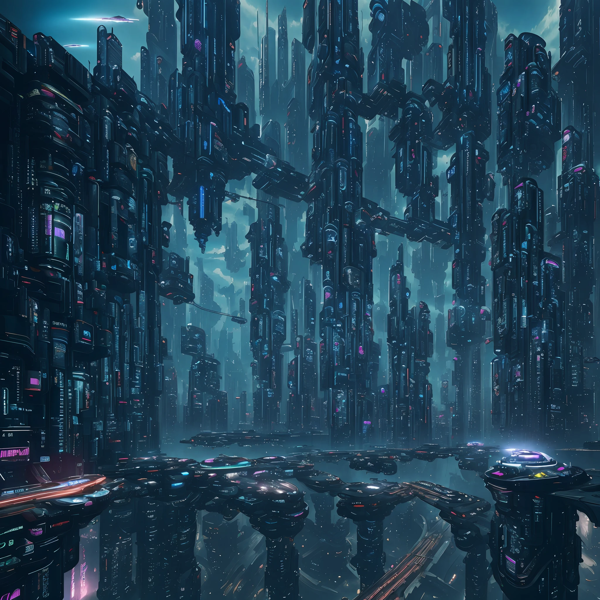 Futuristic Cityscape, ((Cyborg)), (Irregular Architecture), Mechanics, (Cyberpunk), (Levitation Train), Drones, Realistic Lighting, (Abyss) Masterpiece, High Quality, Beautiful Graphics, high detail,