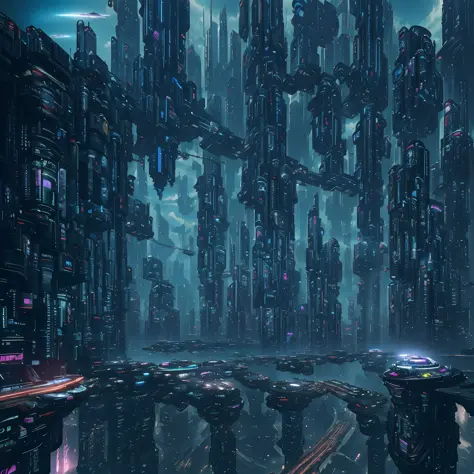 Futuristic Cityscape, ((Cyborg)), (Irregular Architecture), Mechanics, (Cyberpunk), (Levitation Train), Drones, Realistic Lighti...