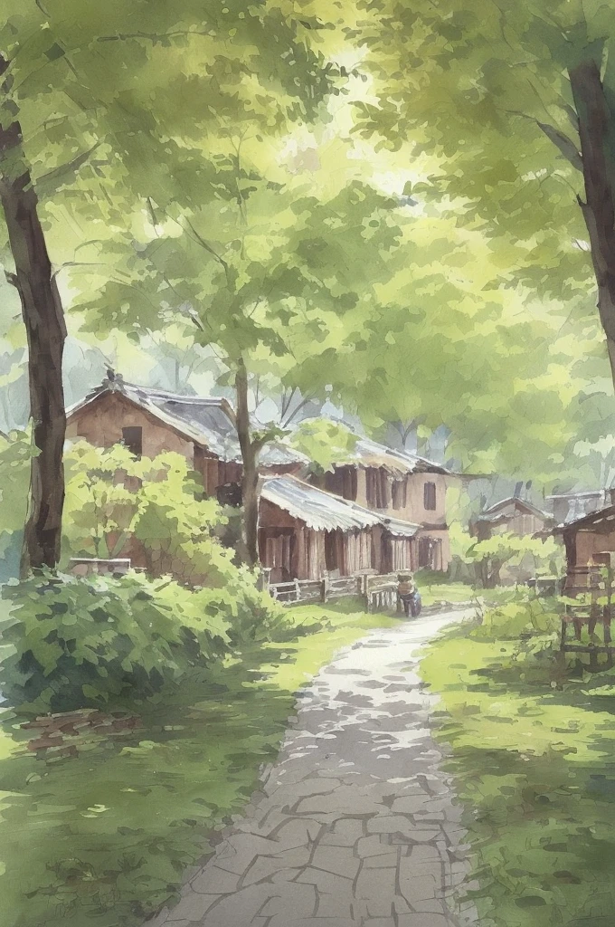 Pintura aquarela, pequeno caminho de casas rurais chinesas, árvores, Sol brilhante, sombra,