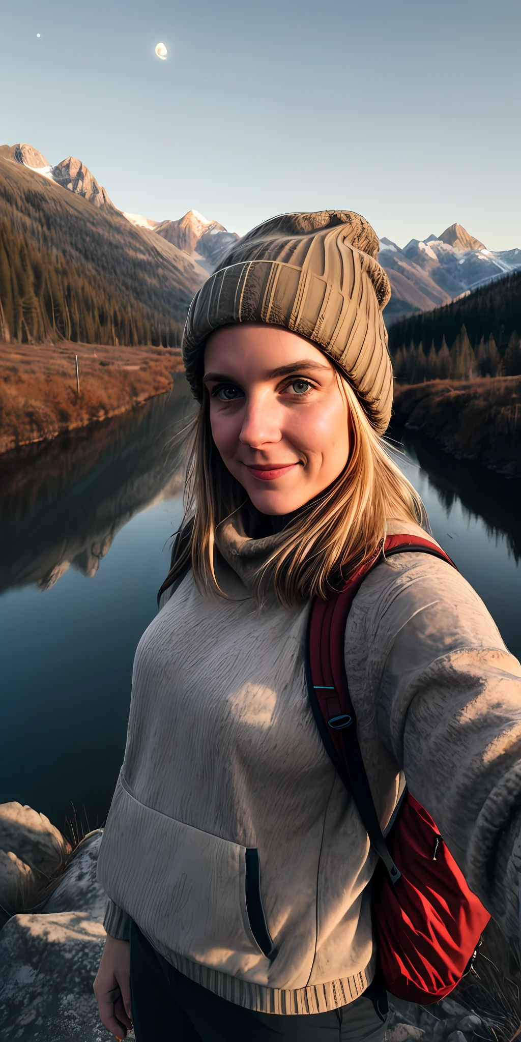 1 woman((upper body selfie, happy)), masterpiece, best quality, ultra-detailed, solo, outdoors, (night), mountains, nature, (stars, moon) cheerful, happy, backpack, sleeping bag, camping stove, water bottle, mountain boots, gloves, sweater, hat, flashlight, forest, rocks, river, wood, smoke, shadows, contrast, clear sky, analog style (look at viewer:1.2) (skin texture) (film grain:1.3), (warm hue, warm tone)
:1.2), close up, cinematic light, sidelighting, ultra high res, best shadow, RAW, upper body, old man, wearing pullover
