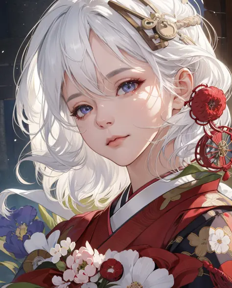 (absurd, highres, ultra detailed), 1girl, mature woman, complex details, enlarged textures, complex details, finely detailed eyes and detailed face, intricate details, white hair, (closed mouth), (perfect eyes, equal eyes), ((Japanese clothes)), Super Real...