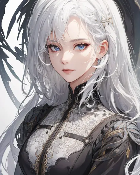 (absurd, highres, ultra detailed), 1girl, mature woman, complex details, enlarged textures, complex details, finely detailed eyes and detailed face, intricate details, white hair, (closed mouth), perfect eyes, equal eyes,
