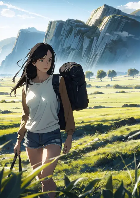 (Vast sky, beautiful skyline, large grassland: 1.2+ intense and dramatic graphics, moving visuals: 1.3+ hanging North Star, colorful natural light: 1.3), (long-sleeved top, (1girl), denim shorts, backpack: 0.8), (back, dynamic), (detailed character modelin...