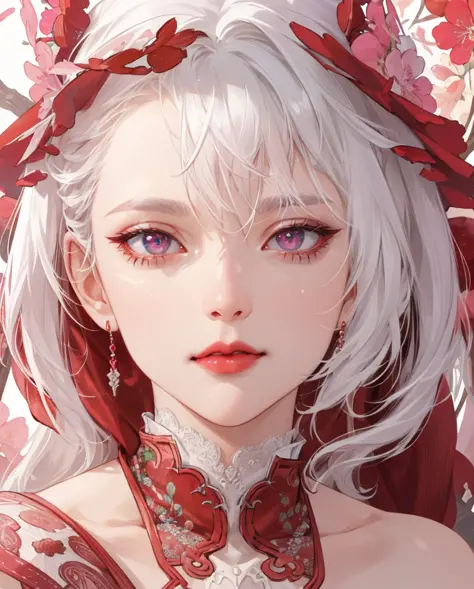 (absurd, highres, ultra detailed), 1girl, mature woman, complex details, enlarged textures, complex details, finely detailed eyes and detailed face, intricate details, white hair, (closed mouth), perfect eyes, equal eyes, red lips, pink skin, goddess