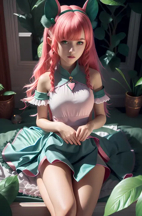 girl with pink hair and green ears sitting on a bed, 8k high quality detailed, deviantart artstation cgscosiety,, detailed digit...