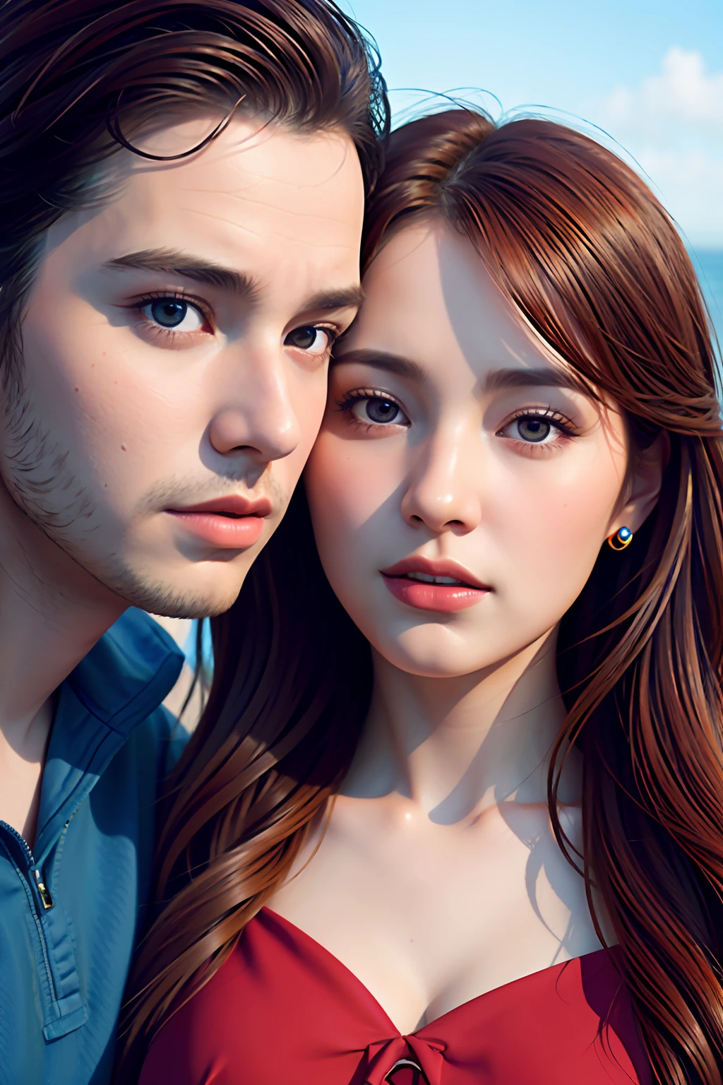 realistic portrait of a cute man and woman, in a red boat and the other blue, sea background. close-up, product view, detailed facial details, perfect face, trend art, sharp facial details, cgsociety, ultra-quality digital art, hyper-exquisite details, 4k, 8k soft lighting, dreamy, fashion, unreal engine rendering -