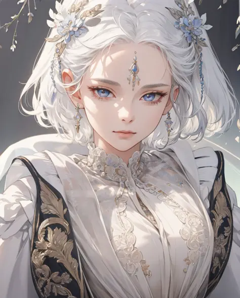 (Extremely Delicate and Beautiful:1.2), 8K ,(Masterpiece:1.0),(best_quality:1.0), 1girl, mature woman, complex details, enlarged textures, complex details, finely detailed eyes and detailed face, intricate details, white hair, (closed mouth), perfect eyes,...