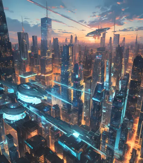 futuristic cityscapes, ((Cyborg)), (irregular architecture), mechanical, (cyberpunk), (hovering trains), drones, realistic light...
