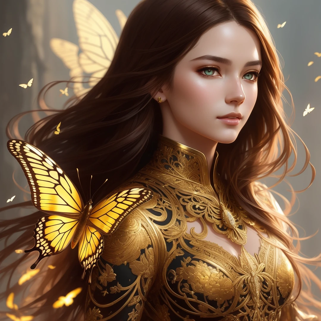 8k portrait of beautiful cyborg with brown hair, intricate, elegant, highly detailed, majestic, digital photography, art by artgerm and ruan jia and greg rutkowski surreal painting gold butterfly filigree, broken glass, (masterpiece, sidelighting, finely detailed beautiful eyes: 1.2), hdr,