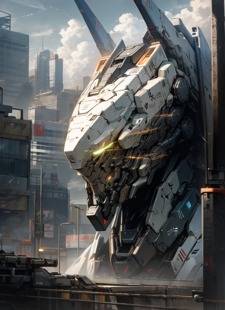 sky, cloud, holding_weapon, no_humans, glowing, , robot, building, glowing_eyes, mecha, science_fiction, city, realistic,mecha