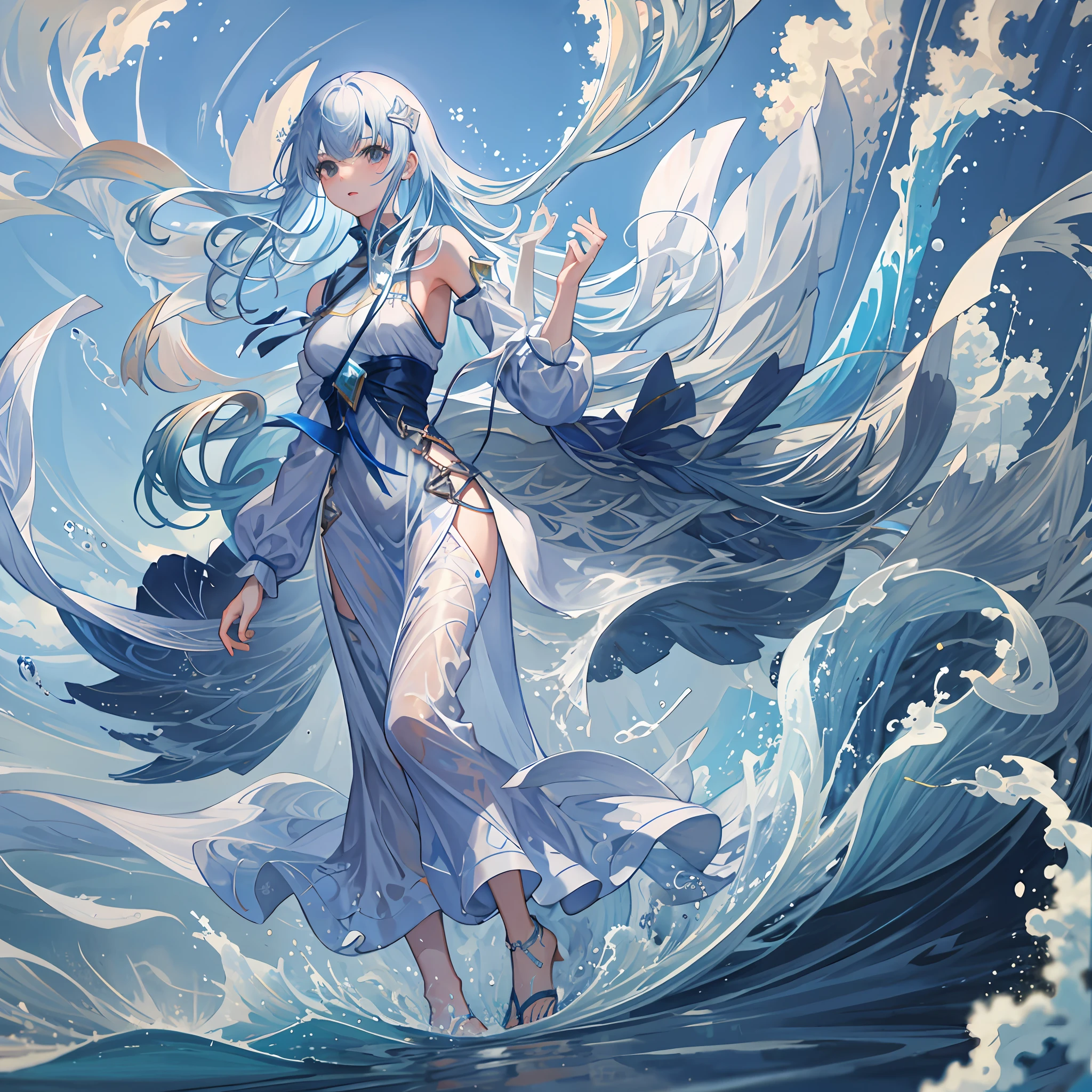 Anime girl in a white dress standing on a wave in the ocean - SeaArt AI