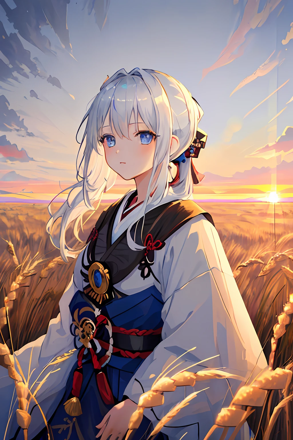 Meisterwerk, beste Qualität, 1 Mädchen, Porträt, weißes Haar, Pferdeschwanz, blaue Augen, Samurai, Weizenlandschaft, sun, Wolken, (neutrale Farben), (HDR:1.4)