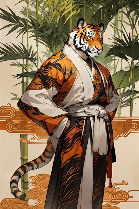 kemono:1.5, ancient male ,anthro (tiger),(tiger face),standing next to bamboo, inspired by Jin Yong martial arts, wearing ancient Chinese clothes, elegant, bamboo leaves, sunlight, ink painting style, clean colors, decisive cut, blank space, freehand, mast...