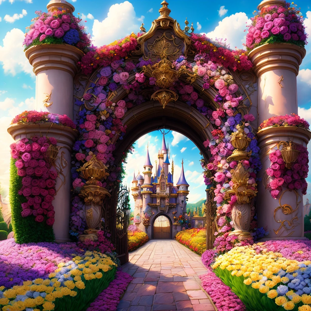 foto (estilo flowergateway:1) A entrada do castelo é cercada por flores, Disney