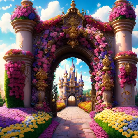 photo (FlowerGateway style:1) The castle entrance is surrounded by flowers, Disney